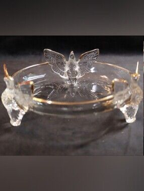 Vintage 1940-50’s Jeanette Glass Footed Dish w/ Eagle or Doves & 22k Gold Trim